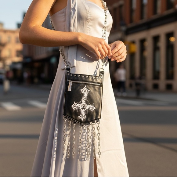 Handbags - Black Crossbody Bag with Chain Detail